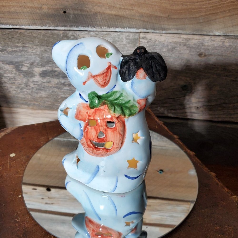 Whimsical  Happy Ghost w/ Jack o' Lantern & Bat Votive Candle Holder - #2